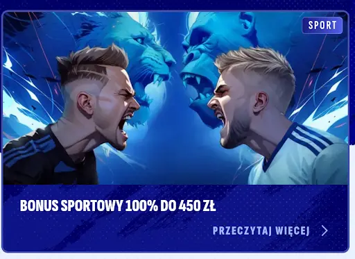 Bonus sportowy 100% do 450 zł Bonus sportowy Bankonbet — dwaj piłkarze naprzeciw siebie z niebieskimi lwami w tle