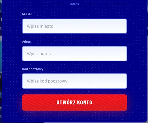 Rejestracja Bankonbet — dane adresowe i utworzenie konta Formularz rejestracyjny — pola do wpisania miasta, adresu i kodu pocztowego