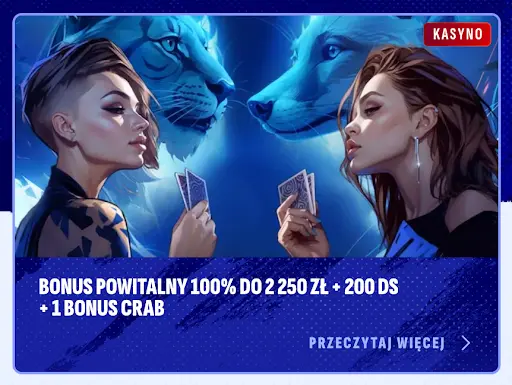 Bonus powitalny 100% do 2250 zł + 200 darmowych spinów + 1 Bonus Crab Bonus powitalny Bankonbet Casino — dwie kobiety grające w karty, niebieski motyw z lwami w tle