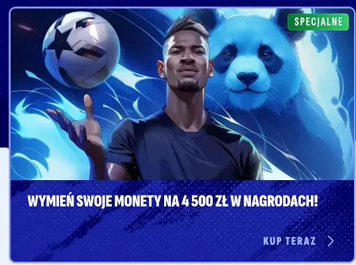 Wymień monety na nagrody do 4500 zł Promocja Bankonbet — piłkarz z piłką i niebieska panda w tle