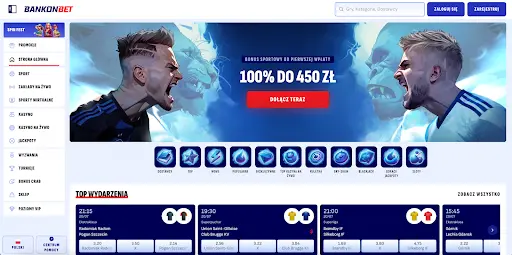 BankonBet - strona główna z ofertą zakładów sportowych i gier kasynowych online w Polsce