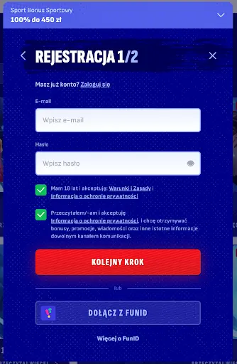 Rejestracja 1/2 w Bankonbet z bonusem sportowym Formularz rejestracyjny etap 1/2 z polem e-mail i hasło oraz akceptacją regulaminu