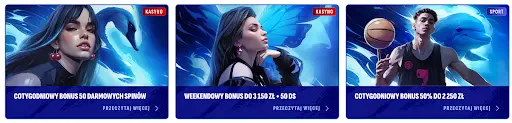 Cotygodniowe i weekendowe bonusy w Bankonbet Grafiki promocyjne bonusów w Bankonbet — kobieta z łabędziem, kobieta z motylem i koszykarz z delfinem