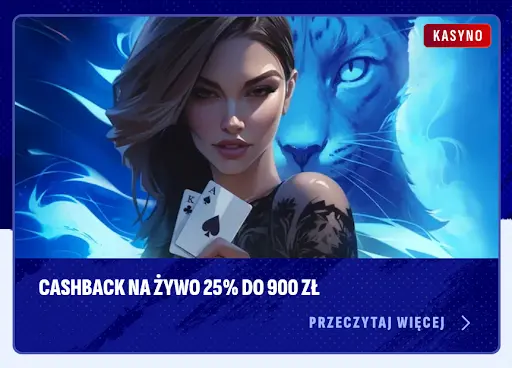 Cashback 25% do 900 zł w kasynie na żywo Bankonbet Kobieta z kartami i niebieskim lampartem w tle — cashback na żywo 25% do 900 zł