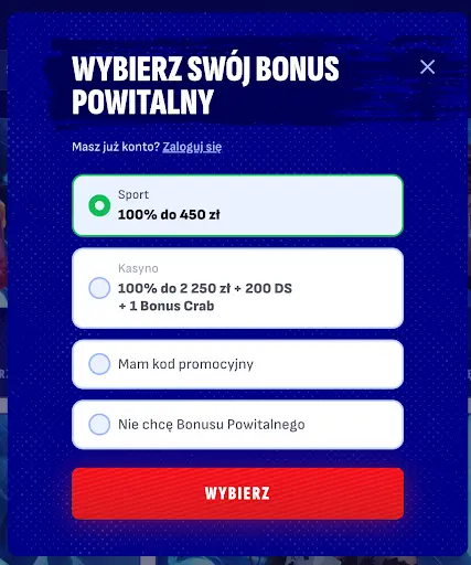 Wybór bonusu powitalnego w Bankonbet Formularz wyboru bonusu powitalnego z opcjami sport 100% do 450 zł i kasyno 100% do 2250 zł + 200 DS + 1 Bonus Crab